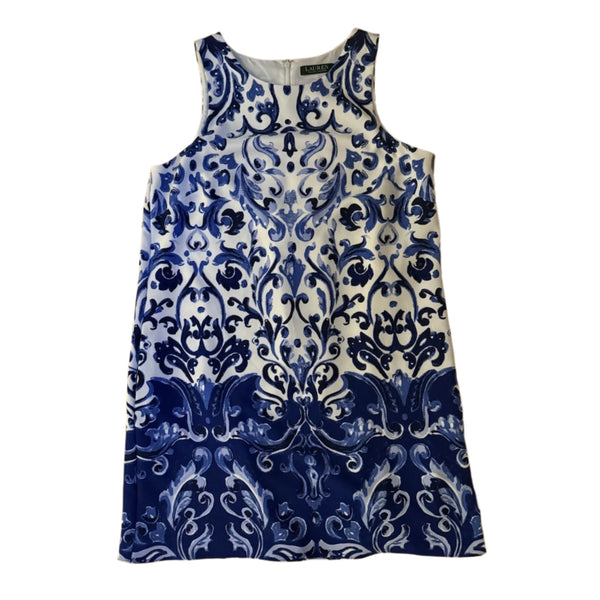 Lauren Ralph Lauren Women's Paland Crepe Dress Coastal Damask Print Size 14 – Sleeveless Stretch A-Line