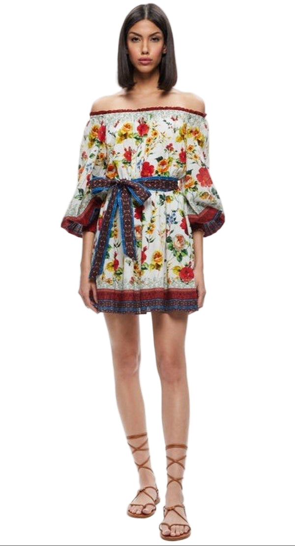 NWT Alice + Olivia Women’s Mary Off-The-Shoulder Floral Cotton Mini Dress White/Red | Size Small