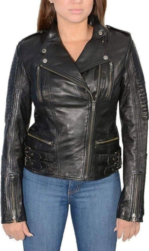 Milwaukee Women's Moto Lambskin Leather Jacket, Black, Medium