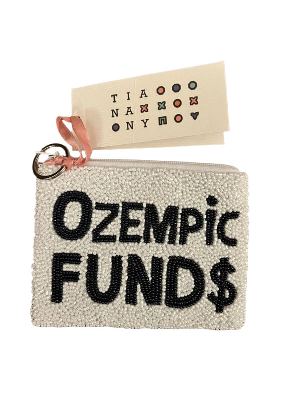 White Black Beaded “Ozempic Funds” Money $ Zipper Pouch 5.5 X 3.5”