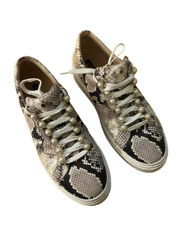 Stuart Weitzman Pearl Buttons Black Snake-Print Sneaker Shoes Size US 8.5