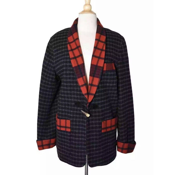 Vintage 90s Ralph Lauren Wool Tartan Plaid Horn Toggle Smoking Jacket Blazer M