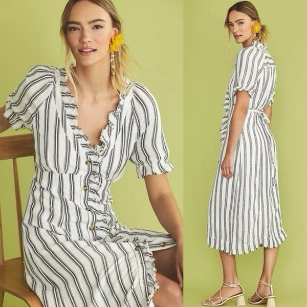 NWT PILCRO Anthropologie Women’s Ruffle-Collar Stripe Tie Waist Button Dress Size 4