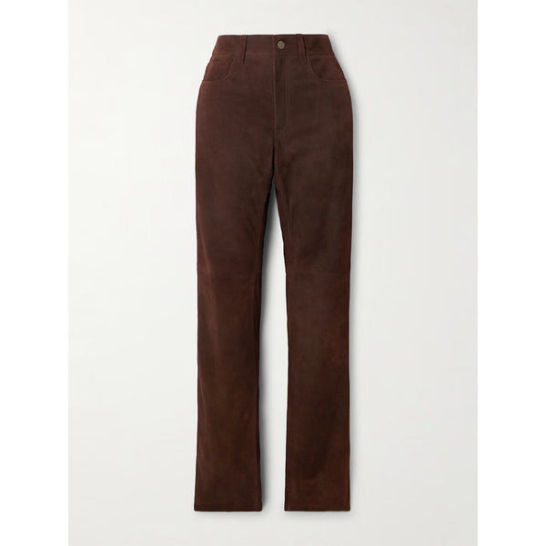 Ralph Lauren Collection Women's Chocolate Brown Lamb Suede Leather Straight Pants, Size 10