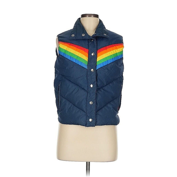 VTG Antler Unisex Puffer Down Feather “That 70s Show” Rainbow Navy Ski Vest M