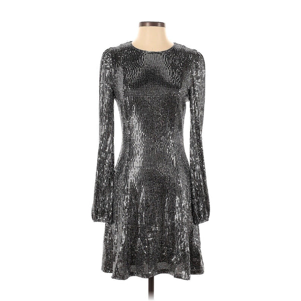 Aqua Silver Sequin Sparkle Mini Long Sleeve Dress Small