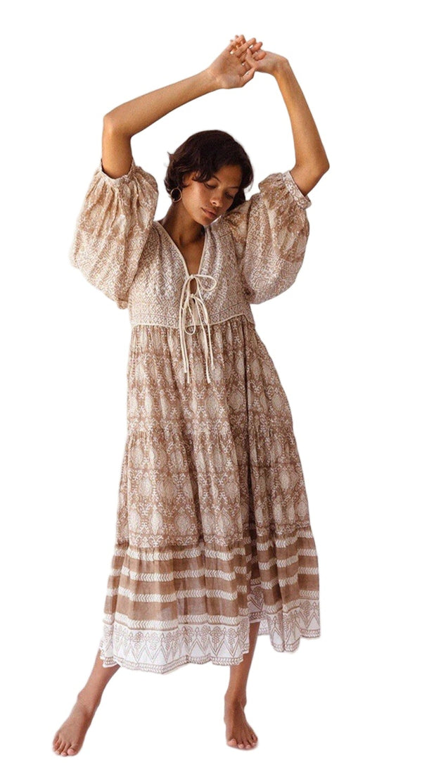 Daughters Of India Women’s Shells Puff Sleeve Tie Front Midi Dress – Tan, Size XS