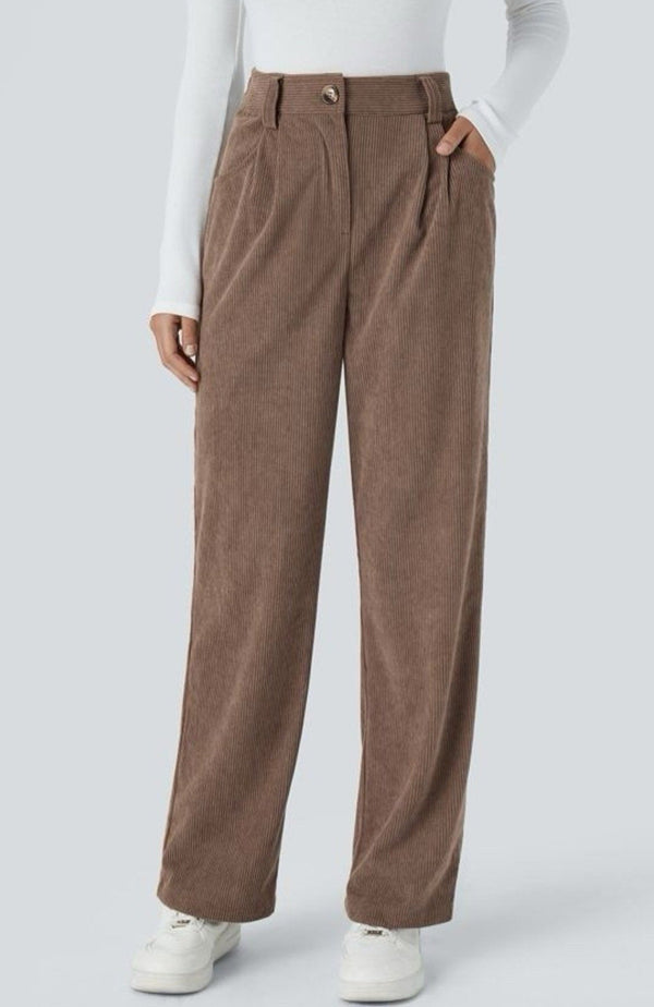 NWT Halara Women's High Waisted Button Zipper Pocket Corduroy Pants Acorn Brown Small Petite