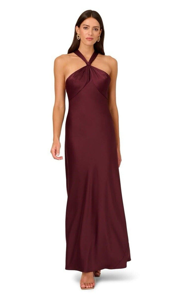 LIV FOSTER Women's Satin Halter Burgundy Gala Gown with Twist Back in Bordeaux, Size 0