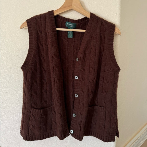 VTG Ralph Lauren Vest brown Cableknit wool cashmere angora sweater vest medium