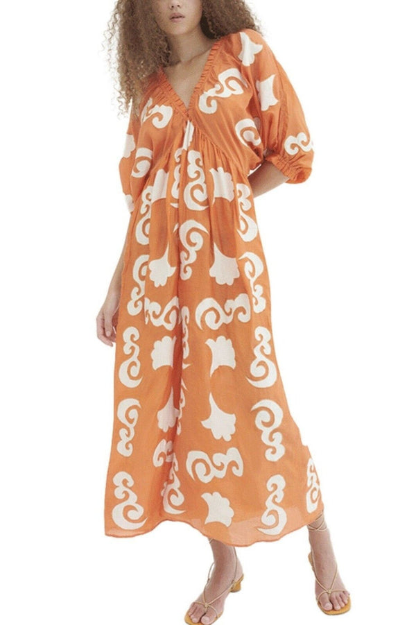 Chufy Women's Orange Embroidered V-Neck Kaftan Dress - Size XS - Flawed