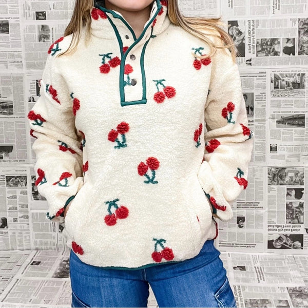 MKE Closet Revival Women’s Cream Fleece Quarter-Zip Sweatshirt – Cherry Print