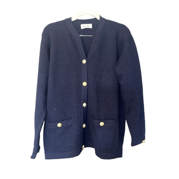 VTG Mac Alan Women's Navy Blue 100% Cashmere Cardigan Sweater Jacket with Gold Buttons, Size 8