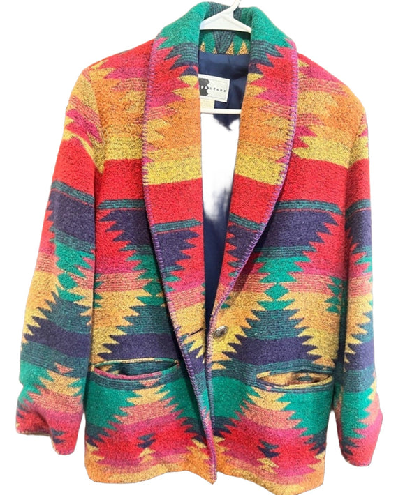 Rhonda sparks Aztec Navajo colorful rainbow printed wool coat small