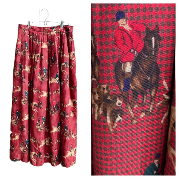 Unbranded Women's Vintage Red Houndstooth Hunting Dogs Riding Skirt - Size Medium, 28''