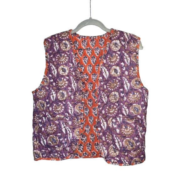 LA MANDARINE Women's Reversible Quilted Waistcoat Block Print Cotton Padded Vest, Size Small