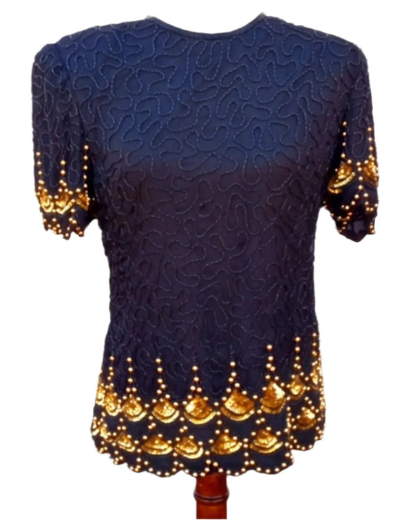 VTG Laurence Kazar New York 100% Silk Black Gold Short Sleeve Beaded Sequin Sparkle Top Medium