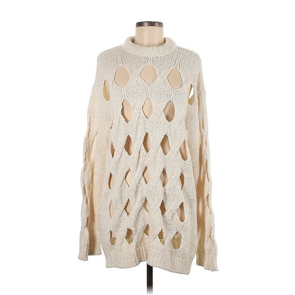 Rus Women's Organic Cotton Cream White Amu Cut-Out Knit Sweater - Size Medium