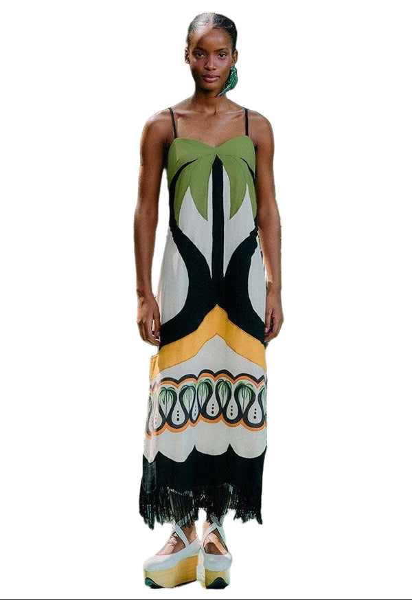 NWT Farm Rio Women’s Coconut Palm Tree Flow Fringe Tropical Dress Small