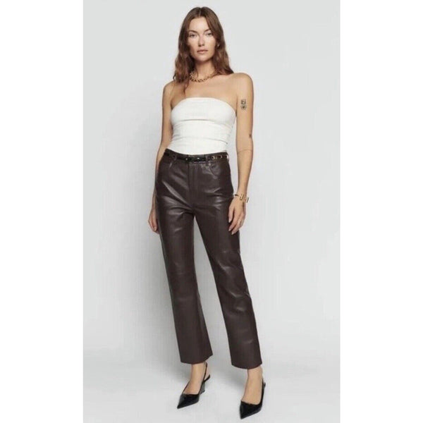 NWT Reformation Veda Cynthia Genuine Leather Pant Size 10 Chocolate Brown
