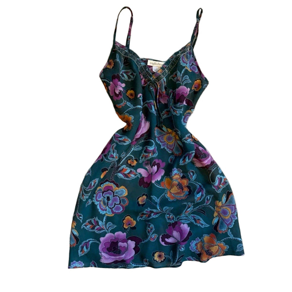 VTG Maidenform Women's Satin Floral Slip Mini Dress Green Teal Pink Purple Size Large