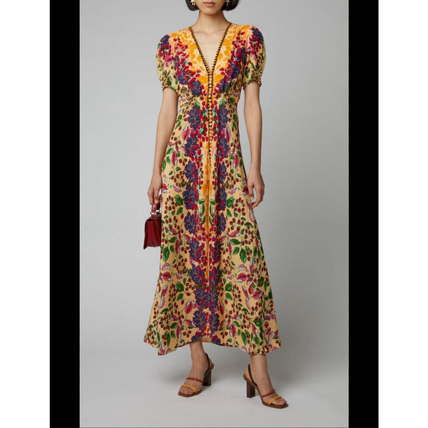 Saloni Lea Long Dress Yellow Floral Short Sleeve Silk V Neck XS