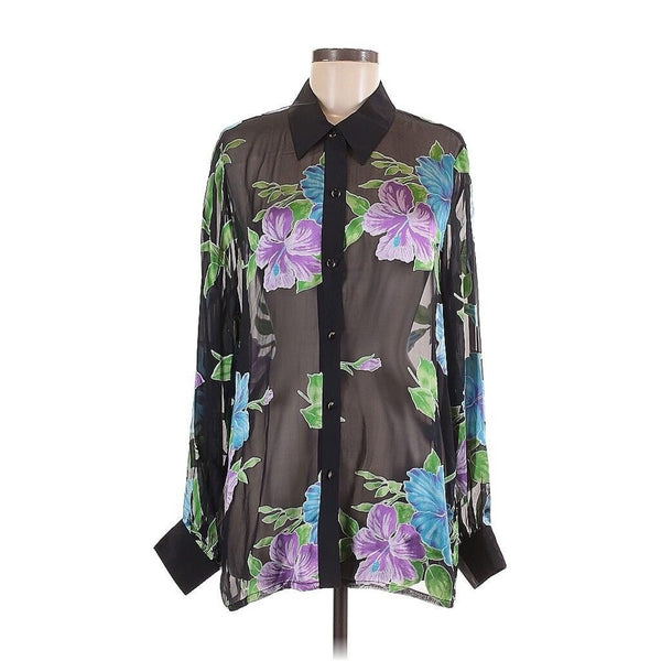 NWT Victor Costa Occasion Floral Silk Sheer Black Button Down Tunic Shirt M