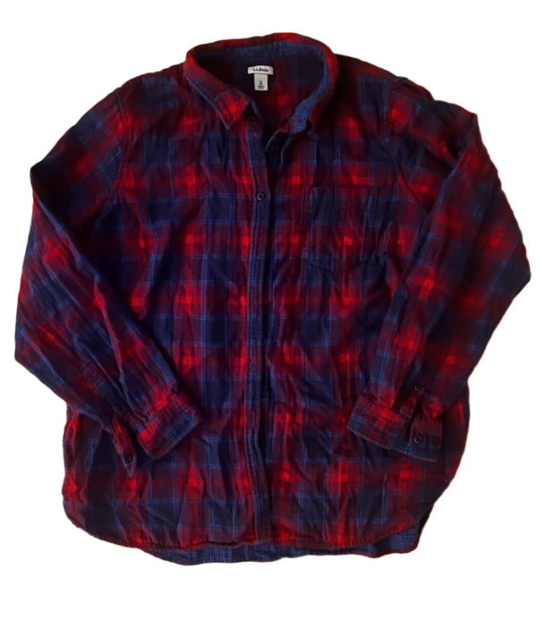 LL Bean Women's Blue Red Plaid Lined Cotton Button Down Flannel Shirt XL #503444