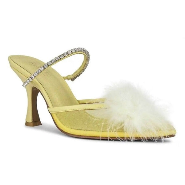 NEW RAYE Duke Heel Mesh Feather pompom Crystal Embellished Strap Pale Yellow 9.5