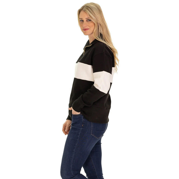 Duffield Lane Women’s Lottie Quarter Zip Sweatshirt – Black & White Striped, Size Large