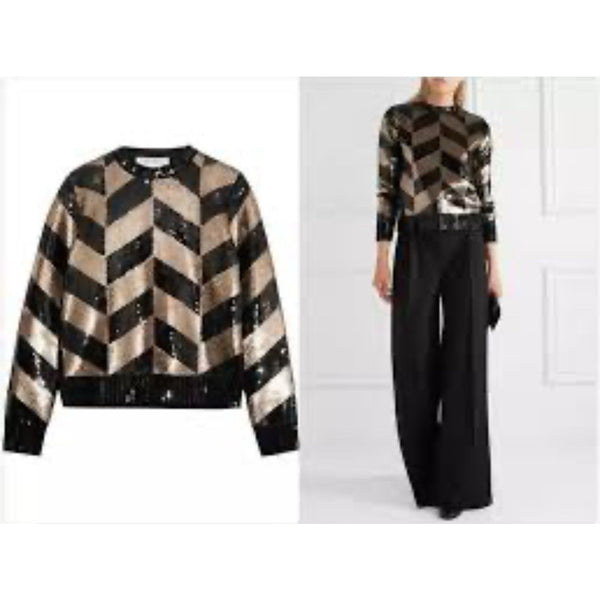Max Mara Women’s Chevron Sequin Black and Gold Sweater Medium