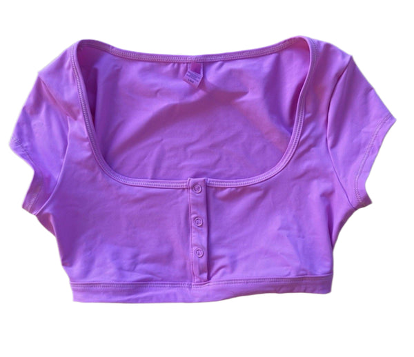 SKIMS Women's Vibrant Pink Super Cropped Henley Swim T-Shirt Large