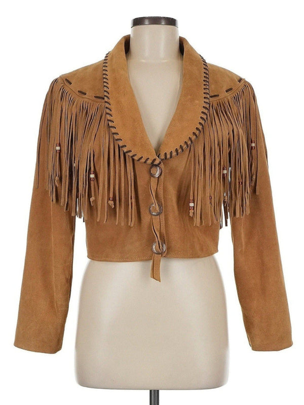 VTG AMIGOS Leather Women’s Brown Cropped Fringe Beaded Moto Jacket Medium