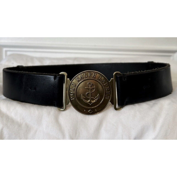 VTG Ralph Lauren Brass Anchor Belt Buckle Adjustable Officers Belt 30” - 38”