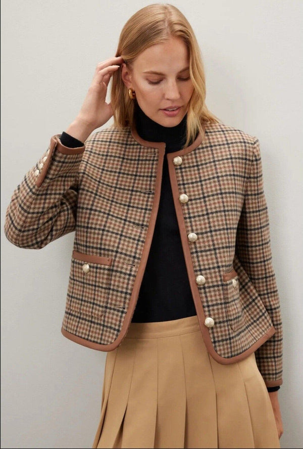 Dunst Women's Brown Tweed Checker Jacket with Gold Buttons & Faux Leather Trim – Classic Medium