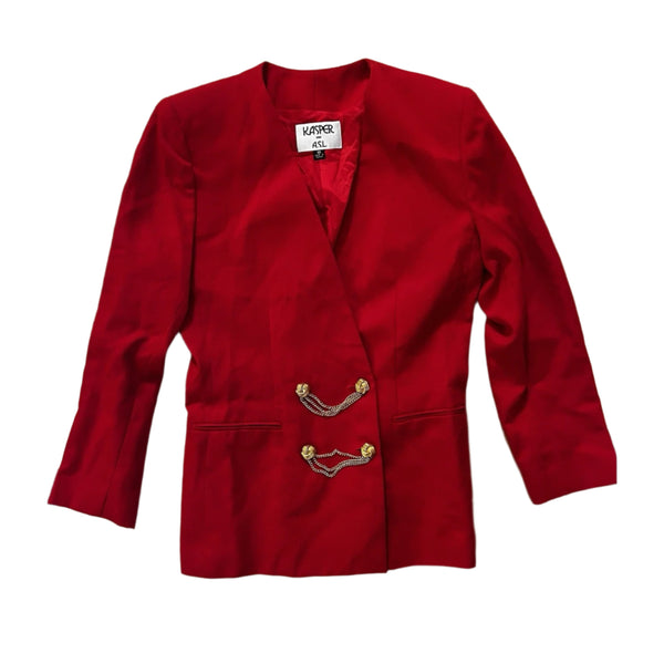 Vintage Kasper Women's Red V-Neck Blazer Jacket with Gold Chain Buttons – Size 10