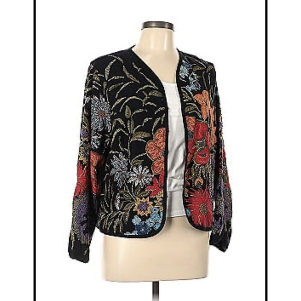 Women’s Jacket with Colorful Embroidered Floral and Bee Design - Black Waist, Formal Evening Style - Black with Multi-colorer, Size 0