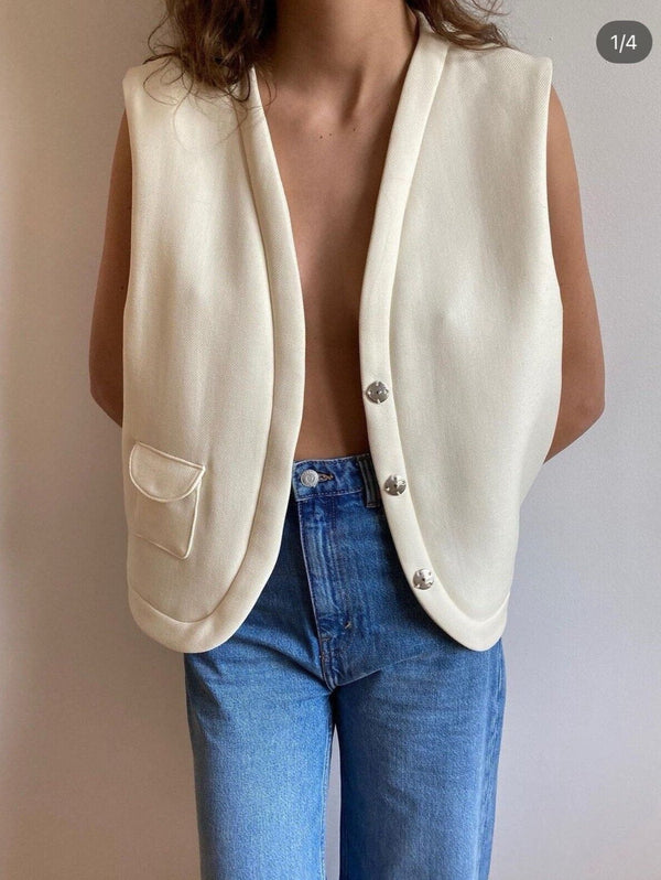 Jina Studio Women's Wool Silk Cream V-Neck Snap Vest Jacket, Handmade in France, Size Small