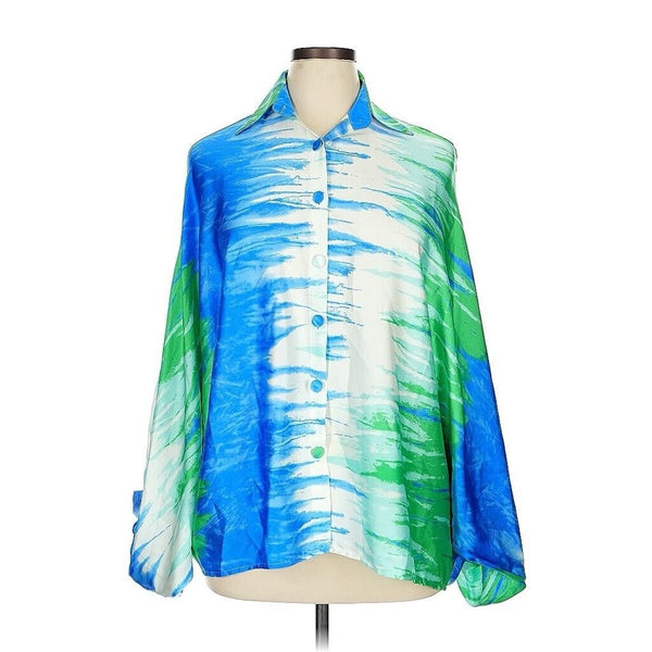 NWT Beulah Blue White Green Tie Dye Oversized Batwing Button Down Blouse OS