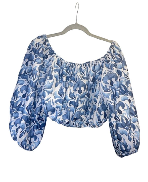 Almada Women's Resort Blue & White Wave Print Off-Shoulder Bell Sleeve Boho Crop Top, Size Medium