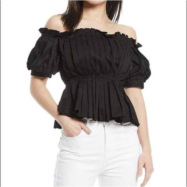 NWOT Antonio Melani Navy Blue Off The Shoulder Puff Sleeve Pleated Top 8