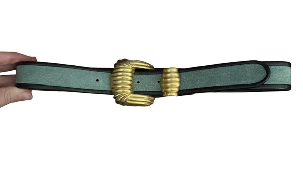 VTG Carlisle Teal Leather Belt w/ Art Deco Brass Buckle – Size Small