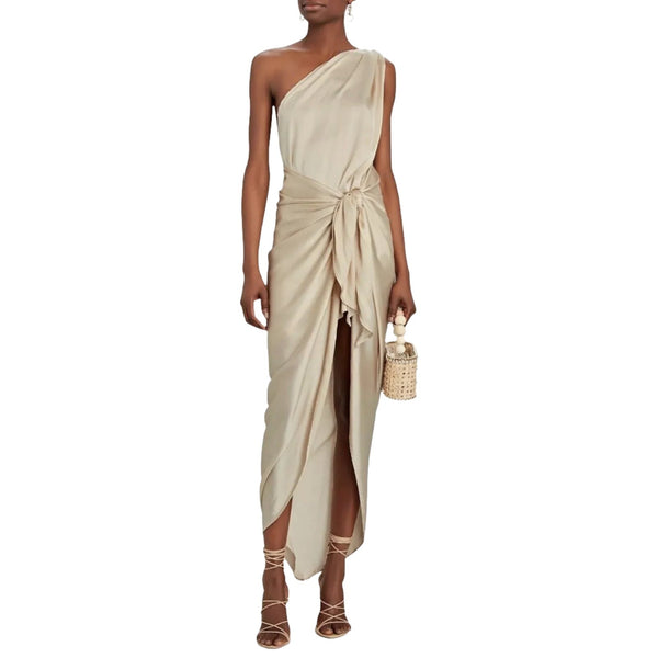 Baobab Marea Dress Caramel Tan Goddess Wrap ONE SHOULDER TIE SIDE SATIN Large