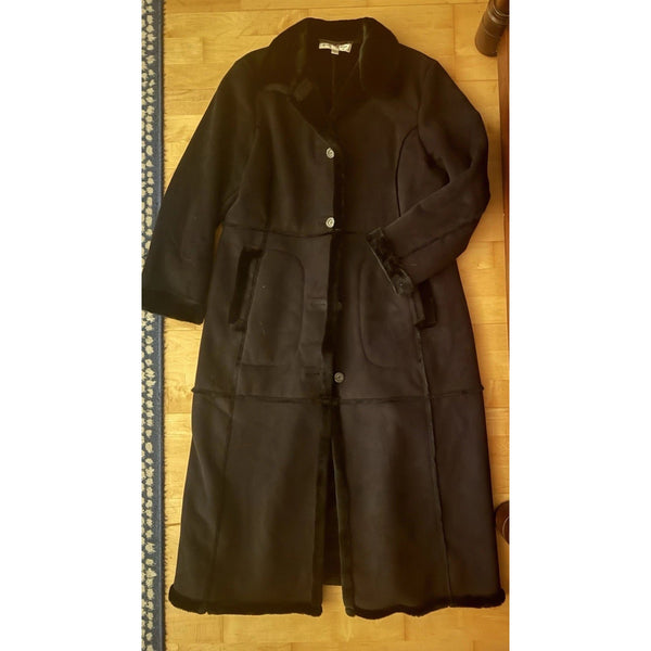 VTG Jones New York Black Faux Shearling Fur Lined Long Coat Buttons Trench L