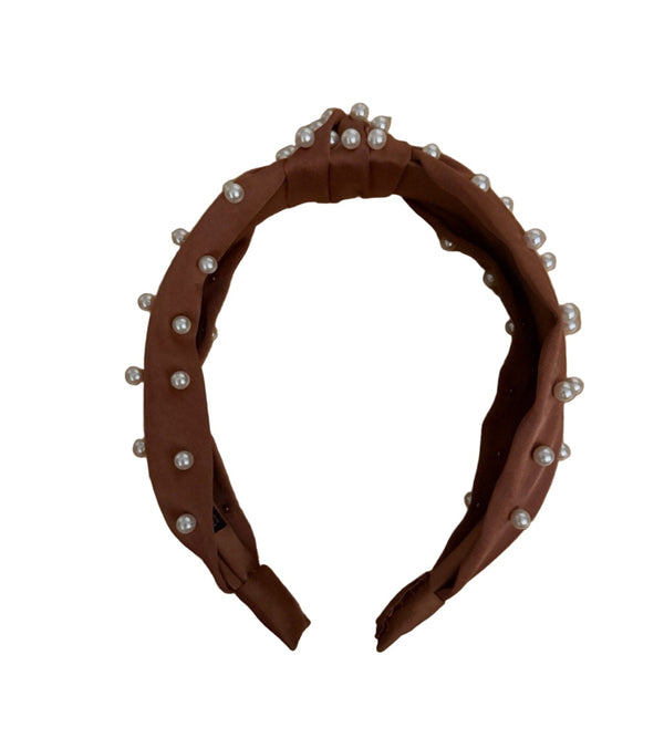 Embellished Satin Pearl Beaded Knot Headband – Burnt Red