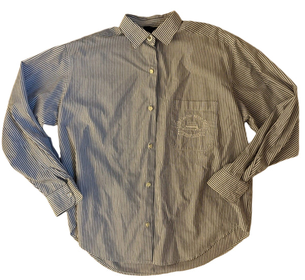 VTG British Khaki Women’s Blue & White Striped Polo Shirt – Size 4