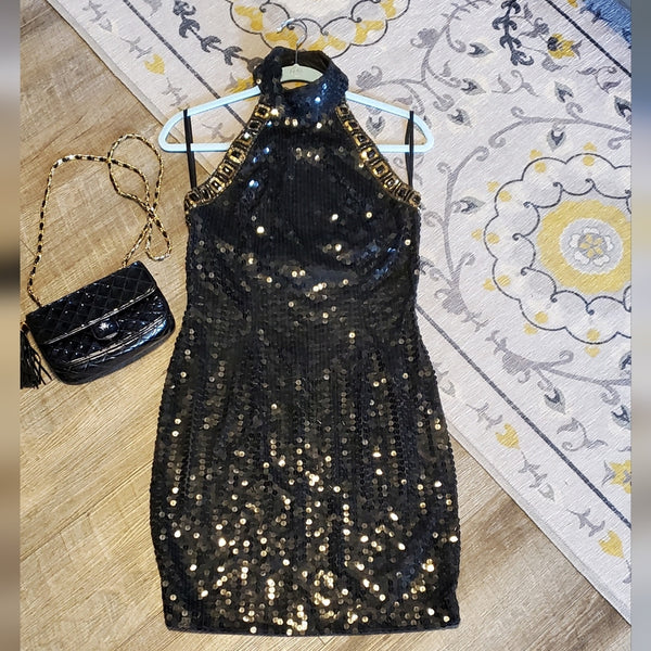 Niteline Women’s Black & Gold Strapless Halter Dress – Size 10