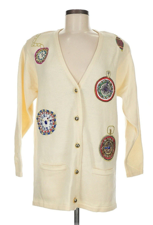VTG Nordstrom Women’s Merino Wool Cream V-Neck Cardigan with Embroidered Clock Patches Size Small