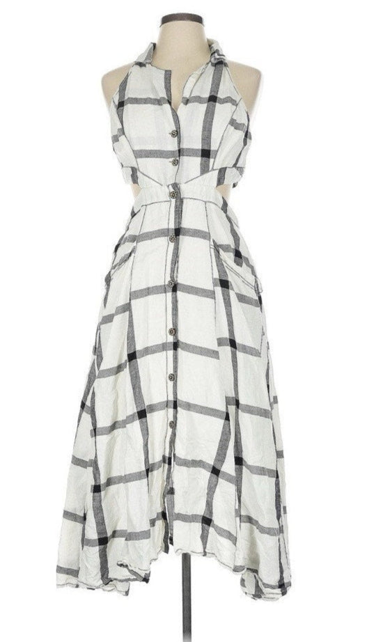 Anthropologie Women's Pilcro Halter Plunge Linen White Midi Dress – Size 10P