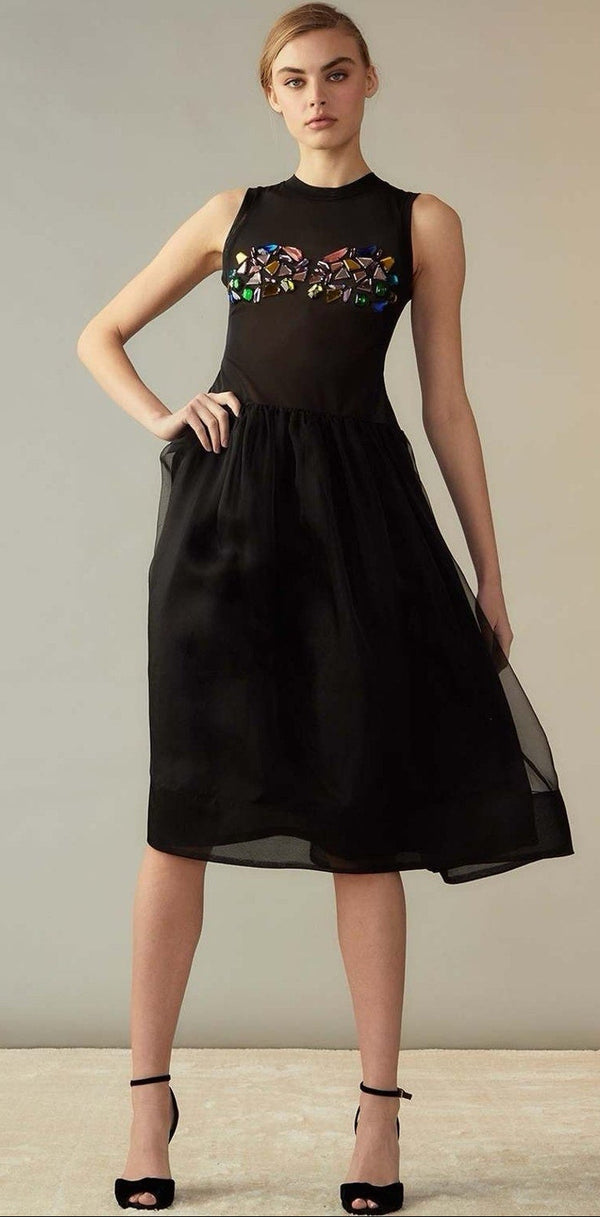 NWT Cynthia Rowley Women's Express Yourself Organza Black Gems Midi Dress – 8